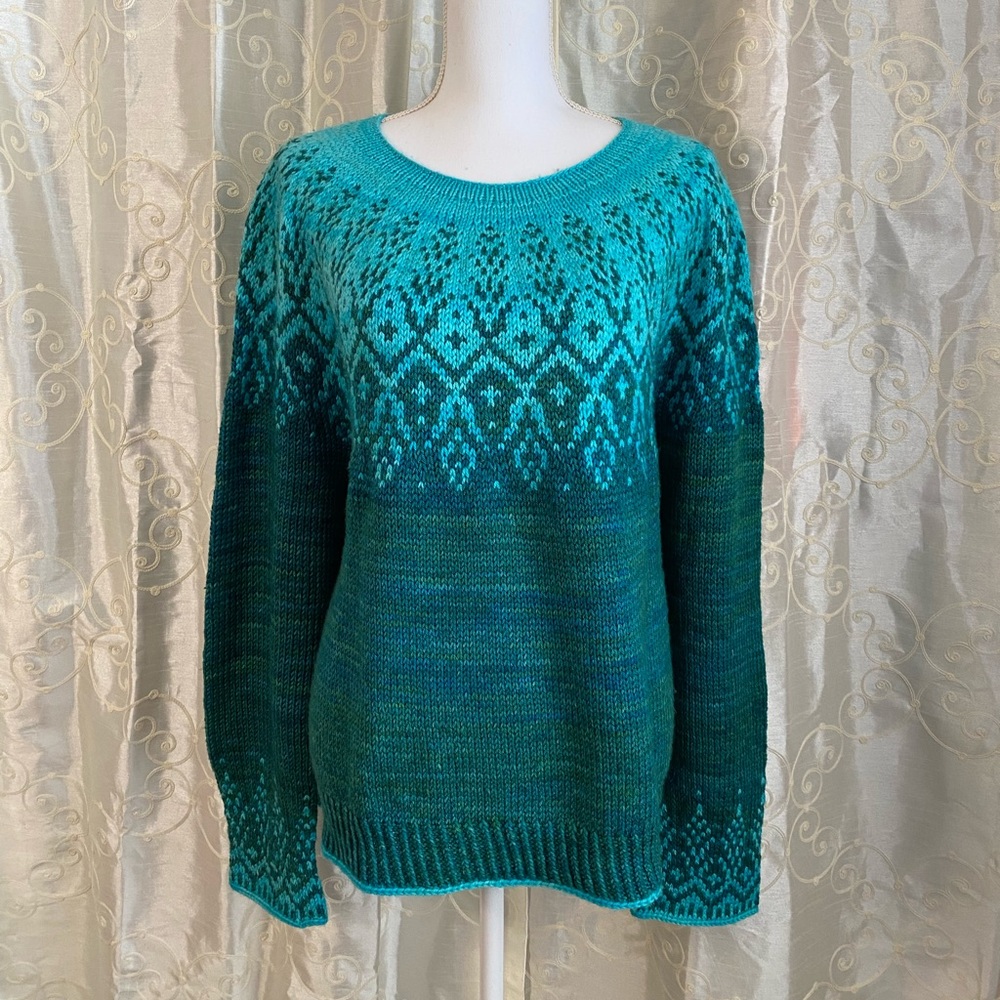 Handknit Wool Sweater - Turquoise & Green - XL
